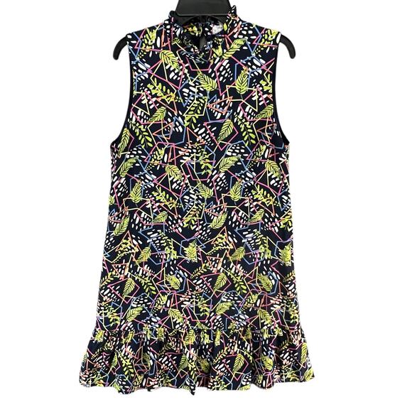 THML Dress S Blue Green Floral Geo Sleeveless Ruffle Neck Peplum Hem Boho Chic - Picture 6 of 14